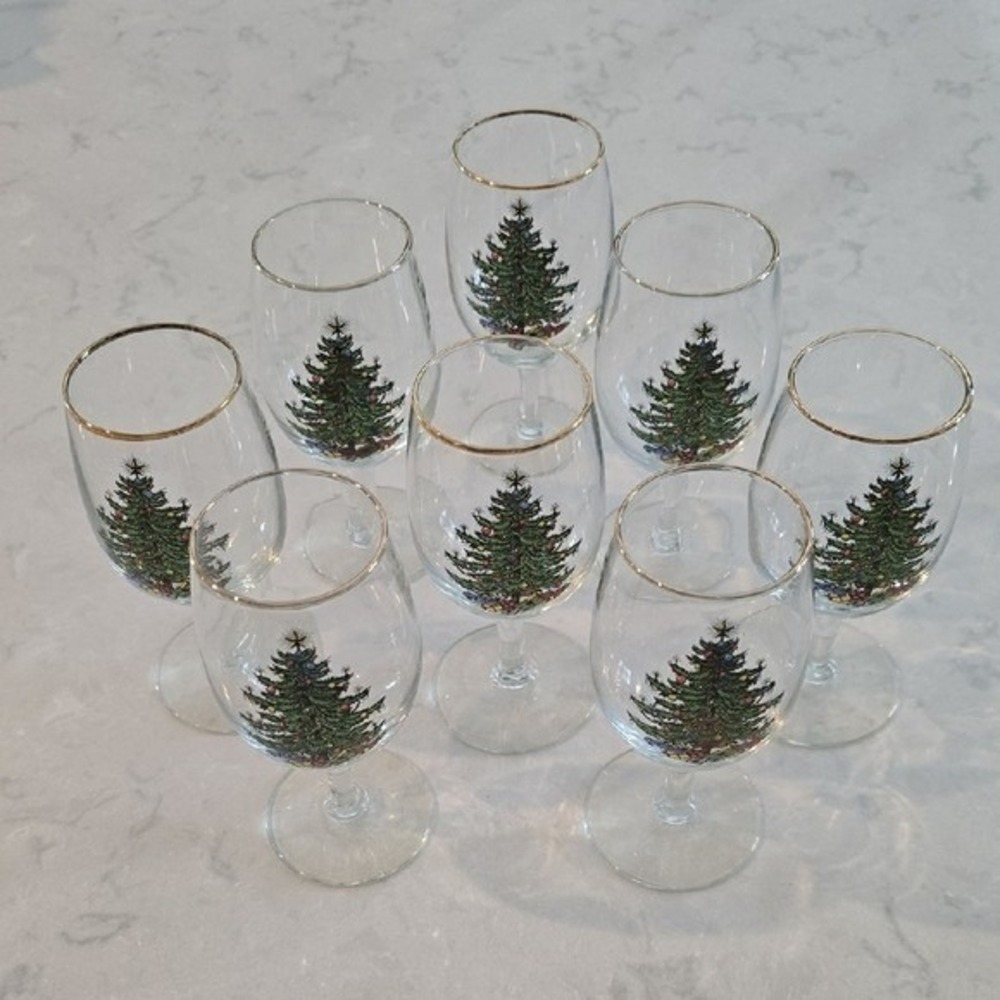 SET OF 8 Spode Christmas Tree Wine Glasses 22k Gold Rim 6.5" Holiday Stemware
